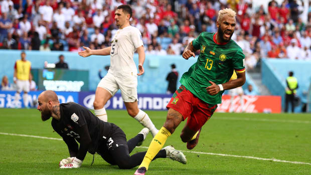 Eric Maxim Choupo-Moting celebrates a goal for Cameroon.